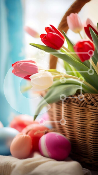 Intra Συλλεκτικό Ξύλινο Παζλ Plywood  4mm - Πολύχρωμες τουλίπες και αυγά Πάσχας σε ένα καλάθι σε ξύλινο τραπέζι Σε Ξύλινο Κουτί - Διαστάσεις: 10x10 cm – 25 κομμάτια