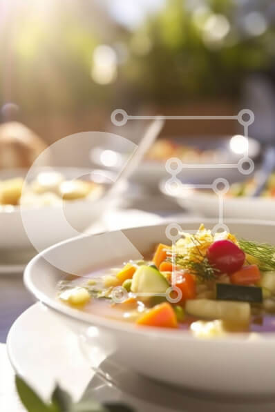 Σετ των 2 Intra Συλλεκτικό Ξύλινο Παζλ Plywood  4mm - Μπολ με σούπα με λαχανικά και νουντλς σε ένα τραπέζι με θέα στο ηλιοβασίλεμα Σε Ξύλινο Κουτί - Διαστάσεις: 10x10 cm – 25 κομμάτια