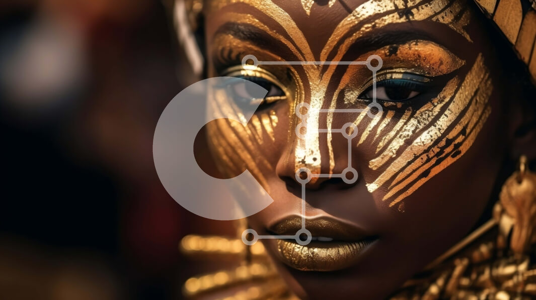 Intra Συλλεκτικό Ξύλινο Παζλ Plywood  4mm - Εκπληκτική εικόνα μιας γυναίκας με χρυσή μπογιά προσώπου και περίτεχνο κεφαλάρι Σε Ξύλινο Κουτί - Διαστάσεις Puzzle: 10x10 cm – 25 κομμάτια