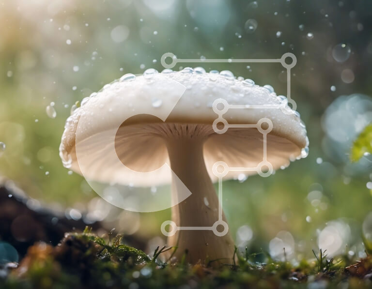 Intra Συλλεκτικό Ξύλινο Παζλ Plywood  4mm - Λευκό μανιτάρι με σταγονίδια νερού σε πράσινο γρασίδι και βρύα Σε Ξύλινο Κουτί - Διαστάσεις: 10x10 cm – 25 κομμάτια