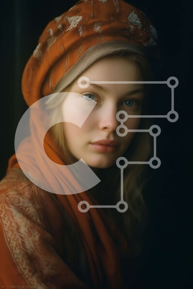 Intra Συλλεκτικό Ξύλινο Παζλ Plywood  4mm - Σοβαρή νεαρή γυναίκα με μαύρη μπλούζα και πορτοκαλί κασκόλ Σε Ξύλινο Κουτί - Διαστάσεις Puzzle: 10x10 cm – 25 κομμάτια