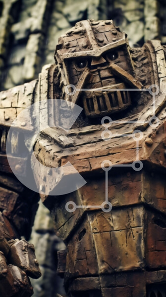 Intra Συλλεκτικό Ξύλινο Παζλ Plywood  4mm - Σκοτεινή και δυσοίωνη κοντινή πλάνο ενός μεταλλικού αγάλματος μιας ανθρωποειδούς φιγούρας με πανοπλία και κρατώντας ένα όπλο Σε Ξύλινο Κουτί - Διαστάσεις Puzzle: 10x10 cm – 25 κομμάτια