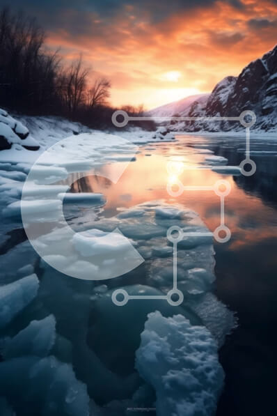 Intra Συλλεκτικό Ξύλινο Παζλ Plywood  4mm - Όμορφο τοπίο του παγωμένου ποταμού με τους πόλους πάγου και τα βουνά στο ηλιοβασίλεμα Σε Ξύλινο Κουτί - Διαστάσεις Puzzle: 10x10 cm – 25 κομμάτια