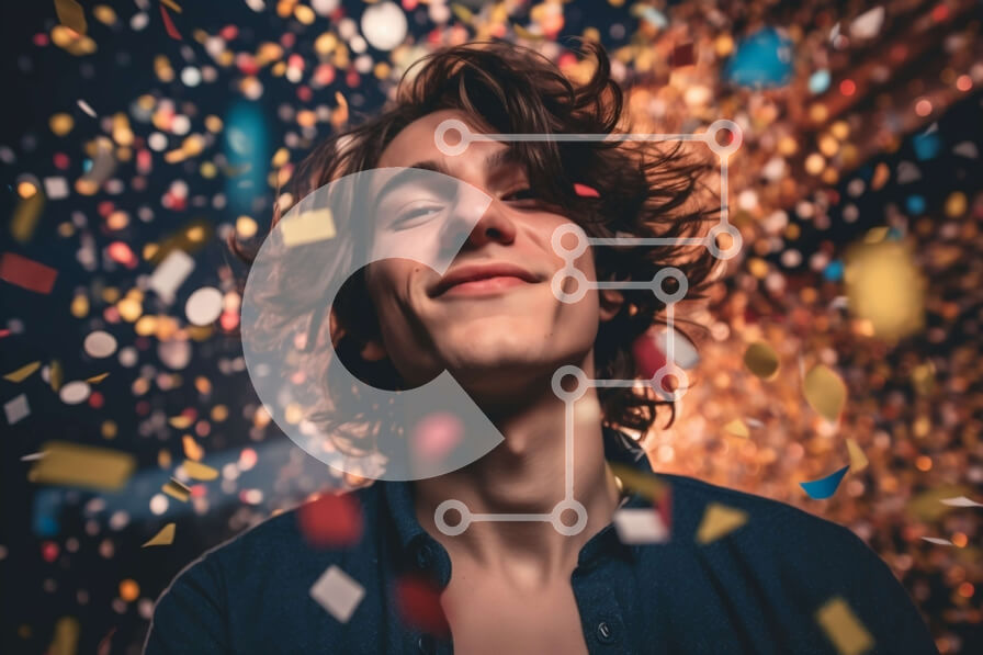 Intra Συλλεκτικό Ξύλινο Παζλ Plywood  4mm - Ευτυχισμένος νεαρός άνδρας με περιστασιακή στολή με φόντο κομφετί Σε Ξύλινο Κουτί - Διαστάσεις Puzzle: 10x10 cm – 25 κομμάτια