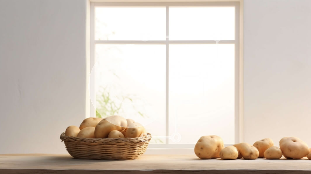 Σετ των 2 Intra Συλλεκτικό Ξύλινο Παζλ Plywood  4mm - Καλάθι με πατάτες σε ξύλινο τραπέζι μπροστά από το παράθυρο Σε Ξύλινο Κουτί - Διαστάσεις: 10x10 cm – 25 κομμάτια