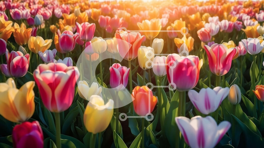 Intra Συλλεκτικό Ξύλινο Παζλ Plywood  4mm - Εκπληκτική θέα ενός χωραφιού με πολύχρωμες τουλίπες στο ηλιοβασίλεμα Σε Ξύλινο Κουτί - Διαστάσεις: 10x10 cm – 25 κομμάτια