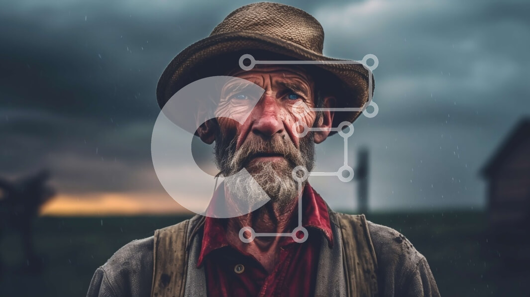 Intra Συλλεκτικό Ξύλινο Παζλ Plywood  4mm - Ηλικιωμένος με ψάθινο καπέλο στο χωράφι με αχυρώνα κάτω από τον θυελλώδη ουρανό Σε Ξύλινο Κουτί - Διαστάσεις Puzzle: 10x10 cm – 25 κομμάτια