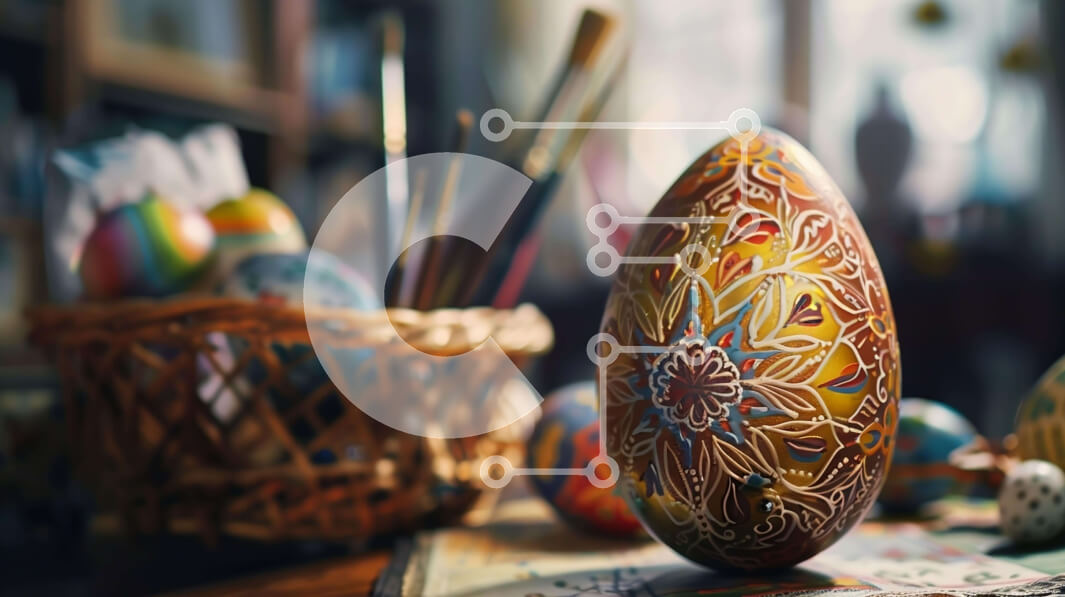 Intra Συλλεκτικό Ξύλινο Παζλ Plywood  4mm - Περίτεχνα διακοσμημένο πασχαλινό αυγό στο τραπέζι με μπογιές και πινέλα Σε Ξύλινο Κουτί - Διαστάσεις: 10x10 cm – 25 κομμάτια