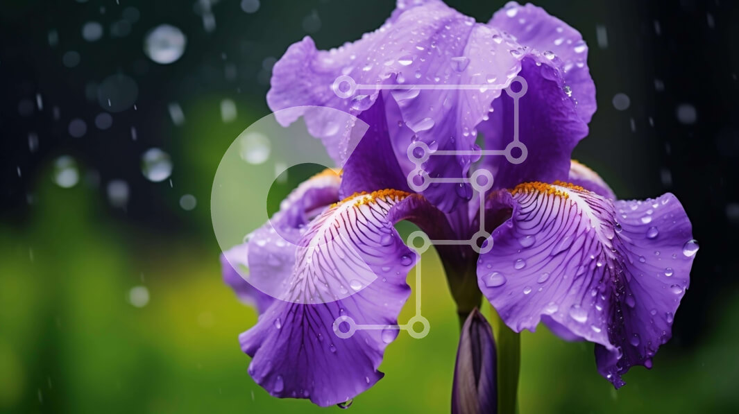 Intra Συλλεκτικό Ξύλινο Παζλ Plywood  4mm - Μωβ λουλούδι ίριδας στη βροχή με σταγονίδια νερού Σε Ξύλινο Κουτί - Διαστάσεις: 10x10 cm – 25 κομμάτια