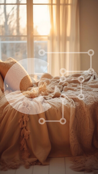 Intra Συλλεκτικό Ξύλινο Παζλ Plywood  4mm - Άνετη εικόνα του κρεβατιού με κουβέρτα και μαξιλάρια σε ηλιόλουστο δωμάτιο Σε Ξύλινο Κουτί - Διαστάσεις Puzzle: 10x10 cm – 25 κομμάτια