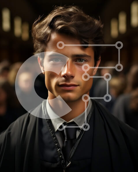 Intra Συλλεκτικό Ξύλινο Παζλ Plywood  4mm - Σοβαρός νεαρός άνδρας με μαύρη ρόμπα και γραβάτα που στέκεται σε ένα γεμάτο δωμάτιο Σε Ξύλινο Κουτί - Διαστάσεις Puzzle: 10x10 cm – 25 κομμάτια