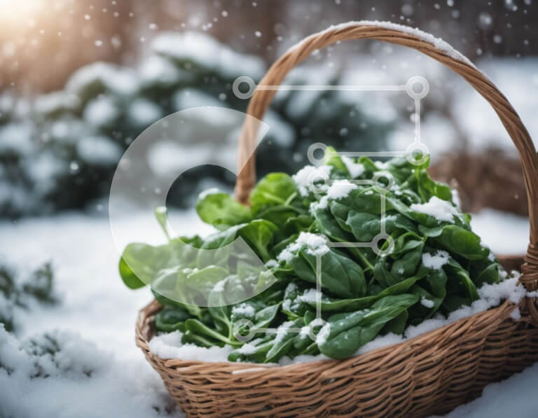 Σετ των 2 Intra Συλλεκτικό Ξύλινο Παζλ Plywood  4mm - Ψάθινο καλάθι με φρέσκα φύλλα σπανακιού στο χιόνι Σε Ξύλινο Κουτί - Διαστάσεις: 10x10 cm – 25 κομμάτια