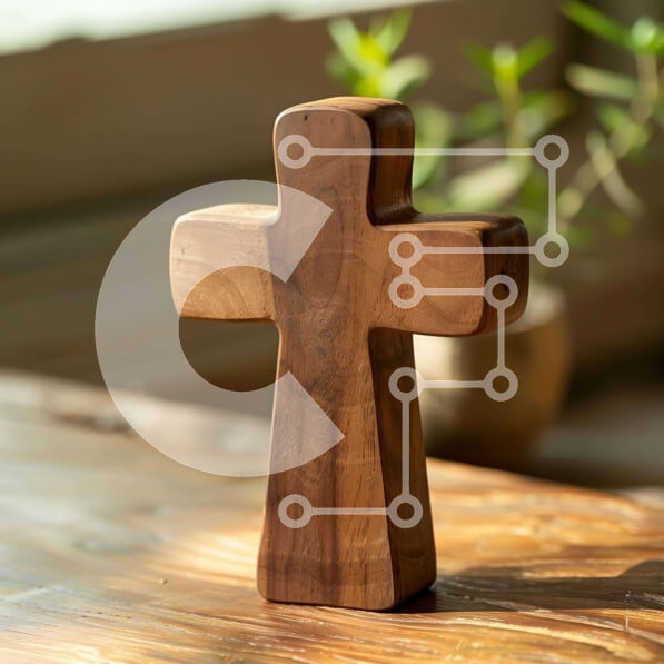 Intra Συλλεκτικό Ξύλινο Παζλ Plywood  4mm - Ξύλινος Σταυρός σε Δρύινο Τραπέζι με Φυτά σε Γλάστρα Σε Ξύλινο Κουτί - Διαστάσεις Puzzle: 10x10 cm – 25 κομμάτια