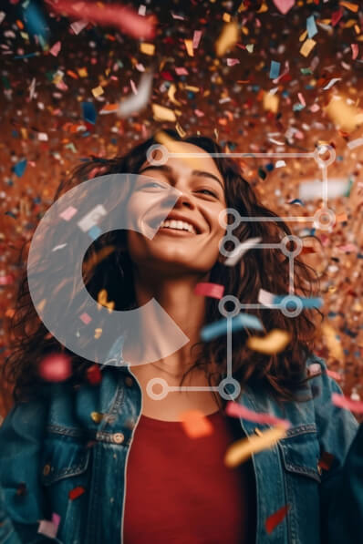 Intra Συλλεκτικό Ξύλινο Παζλ Plywood  4mm - Χαμογελαστή γυναίκα με τζιν μπουφάν που περιβάλλεται από κομφετί Σε Ξύλινο Κουτί - Διαστάσεις Puzzle: 10x10 cm – 25 κομμάτια