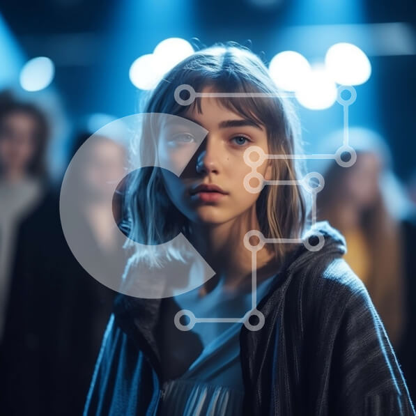 Intra Συλλεκτικό Ξύλινο Παζλ Plywood  4mm - Εικόνα μιας νεαρής γυναίκας με μαύρο κουκούλα που στέκεται μπροστά από μια ομάδα ανθρώπων Σε Ξύλινο Κουτί - Διαστάσεις Puzzle: 10x10 cm – 25 κομμάτια