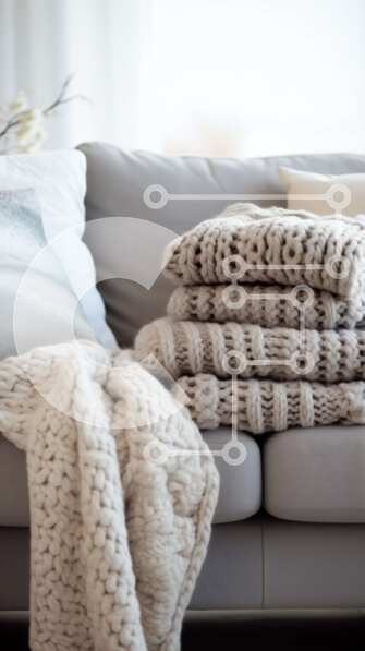 Intra Συλλεκτικό Ξύλινο Παζλ Plywood  4mm - Άνετη διακόσμηση σπιτιού: Στοίβα από μαλακές πλεκτές κουβέρτες σε έναν καναπέ Σε Ξύλινο Κουτί - Διαστάσεις Puzzle: 10x10 cm – 25 κομμάτια