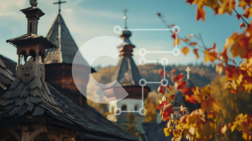 Intra Συλλεκτικό Ξύλινο Παζλ Plywood  4mm - Αρχαία εκκλησία με τα καμπαναριά και τα φθινοπωρινά φύλλα Σε Ξύλινο Κουτί - Διαστάσεις Puzzle: 10x10 cm – 25 κομμάτια