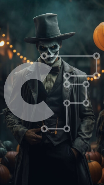 Intra Συλλεκτικό Ξύλινο Παζλ Plywood  4mm - Τρομακτική ασπρόμαυρη φωτογραφία άνδρα με καπέλο και μάσκα κρανίου με κολοκύθες Σε Ξύλινο Κουτί - Διαστάσεις Puzzle: 10x10 cm – 25 κομμάτια