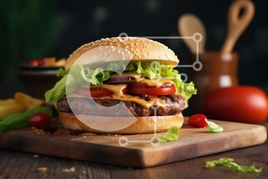 Σετ των 2 Intra Συλλεκτικό Ξύλινο Παζλ Plywood  4mm - Νόστιμη εικόνα από τσίζμπεργκερ και πατάτες σε ξύλινο ξύλο κοπής Σε Ξύλινο Κουτί - Διαστάσεις: 10x10 cm – 25 κομμάτια