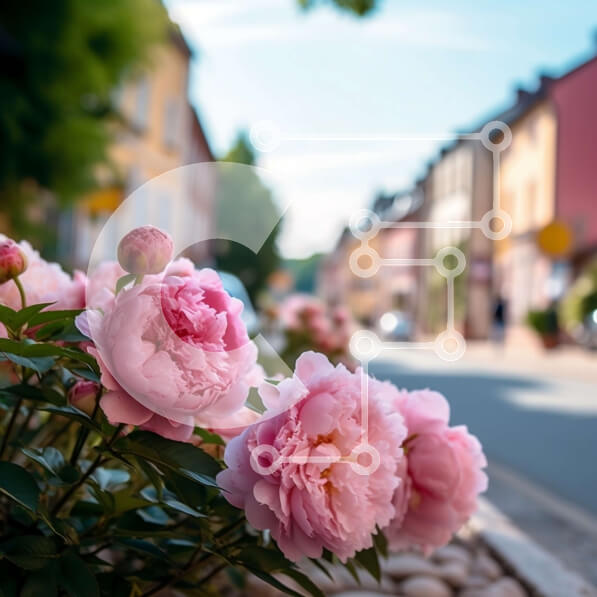 Intra Συλλεκτικό Ξύλινο Παζλ Plywood  4mm - Γοητευτικός δρόμος σε μια μικρή πόλη με πολύχρωμα κτίρια και ροζ λουλούδια Σε Ξύλινο Κουτί - Διαστάσεις Puzzle: 10x10 cm – 25 κομμάτια