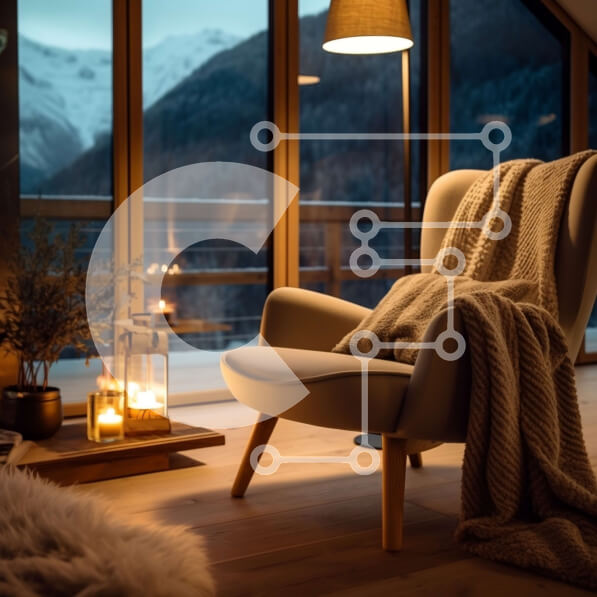 Intra Συλλεκτικό Ξύλινο Παζλ Plywood  4mm - Ζεστό και φιλόξενο σαλόνι με θέα στο βουνό Σε Ξύλινο Κουτί - Διαστάσεις Puzzle: 10x10 cm – 25 κομμάτια