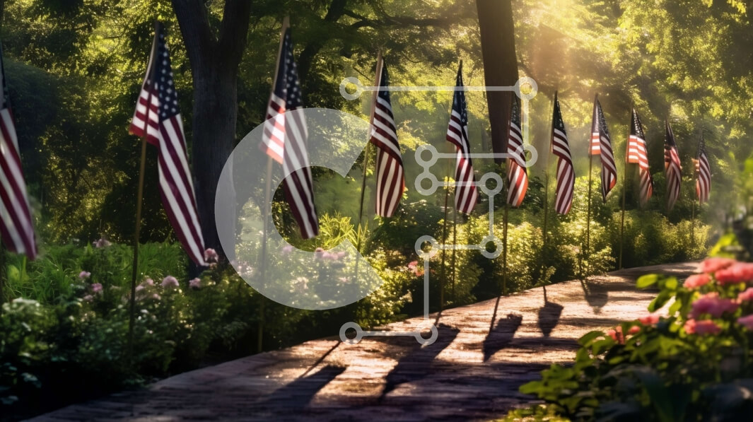 Intra Συλλεκτικό Ξύλινο Παζλ Plywood  4mm - Sunny Park Pathway επενδεδυμένο με αμερικανικές σημαίες Σε Ξύλινο Κουτί - Διαστάσεις Puzzle: 10x10 cm – 25 κομμάτια