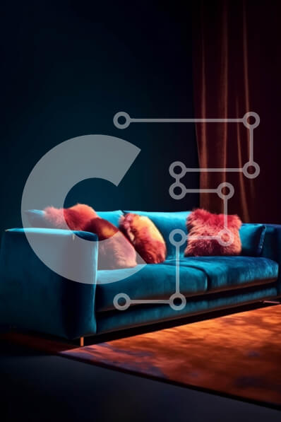 Intra Συλλεκτικό Ξύλινο Παζλ Plywood  4mm - Κομψός και άνετος καναπές από μπλε βελούδο με φόντο κόκκινη κουρτίνα Σε Ξύλινο Κουτί - Διαστάσεις Puzzle: 10x10 cm – 25 κομμάτια