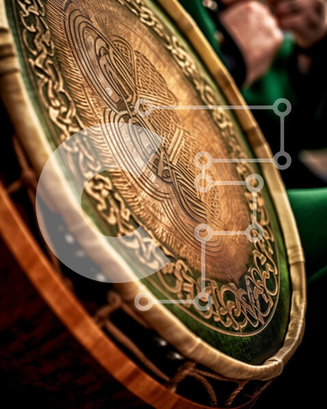 Intra Συλλεκτικό Ξύλινο Παζλ Plywood  4mm - Κοντινή εικόνα ενός παραδοσιακού ιρλανδικού τυμπάνου Bodhran με κελτικά σχέδια Σε Ξύλινο Κουτί - Διαστάσεις Puzzle: 10x10 cm – 25 κομμάτια
