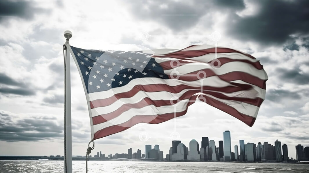 Intra Συλλεκτικό Ξύλινο Παζλ Plywood  4mm - Μεγάλη αμερικανική σημαία που κυματίζει στον άνεμο με τον ορίζοντα της πόλης στο φόντο Σε Ξύλινο Κουτί - Διαστάσεις Puzzle: 10x10 cm – 25 κομμάτια