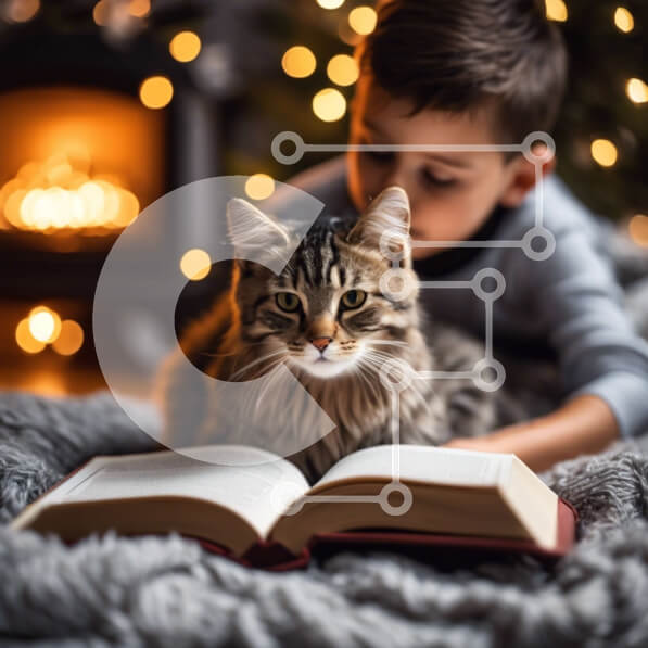 Intra Συλλεκτικό Ξύλινο Παζλ Plywood  4mm - Νεαρό αγόρι που διαβάζει ένα βιβλίο στη γάτα του Σε Ξύλινο Κουτί - Διαστάσεις Puzzle: 10x10 cm – 25 κομμάτια