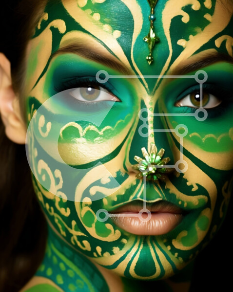 Intra Συλλεκτικό Ξύλινο Παζλ Plywood  4mm - Όμορφη γυναίκα με πράσινο πρόσωπο και χρυσά σχέδια Σε Ξύλινο Κουτί - Διαστάσεις Puzzle: 10x10 cm – 25 κομμάτια