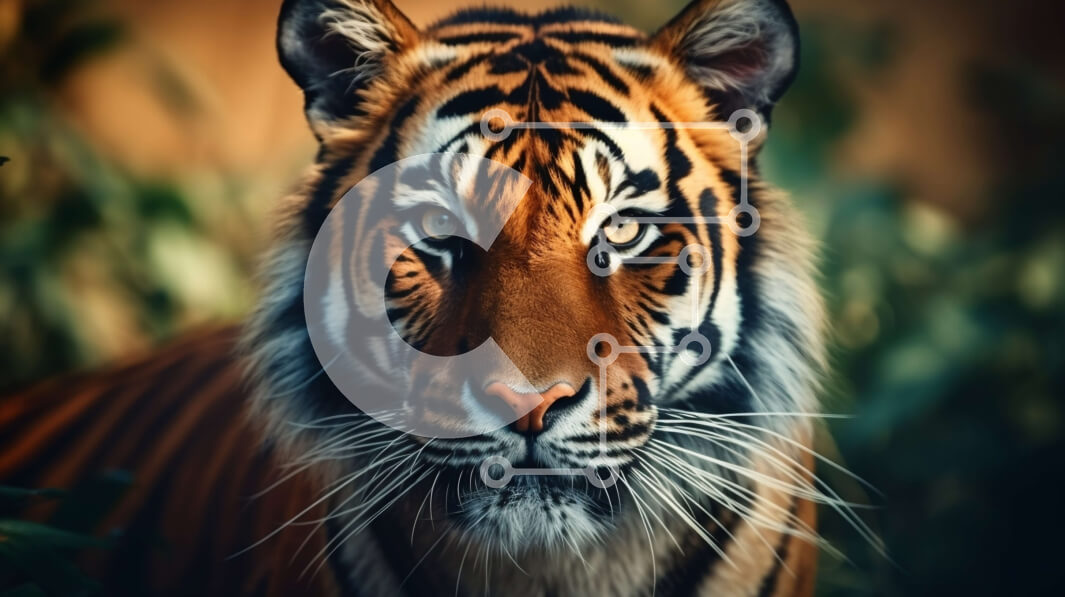 Σετ των 2 Intra Συλλεκτικό Ξύλινο Παζλ Plywood  4mm - Κοντινό πλάνο της ενήλικης τίγρης στο πράσινο φύλλωμα Σε Ξύλινο Κουτί - Διαστάσεις: 10x10 cm – 25 κομμάτια