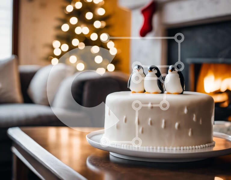 Intra Συλλεκτικό Ξύλινο Παζλ Plywood  4mm - Εορταστική τούρτα πιγκουίνου με τζάκι στο φόντο Σε Ξύλινο Κουτί - Διαστάσεις: 10x10 cm – 25 κομμάτια