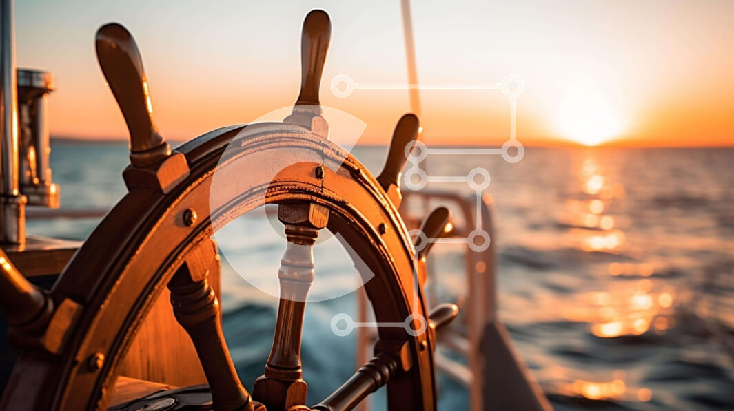 Intra Συλλεκτικό Ξύλινο Παζλ Plywood  4mm - Κοντινό πλάνο τιμονιού πλοίου με φόντο ηλιοβασίλεμα Σε Ξύλινο Κουτί - Διαστάσεις Puzzle: 10x10 cm – 25 κομμάτια