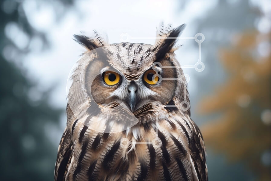 Σετ των 2 Intra Συλλεκτικό Ξύλινο Παζλ Plywood  4mm - Κουκουβάγια με μεγάλα κίτρινα μάτια που στέκεται μπροστά από ένα δέντρο Σε Ξύλινο Κουτί - Διαστάσεις: 10x10 cm – 25 κομμάτια