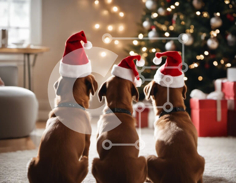 Σετ των 2 Intra Συλλεκτικό Ξύλινο Παζλ Plywood  4mm - Τρία σκυλιά που γιορτάζουν τα Χριστούγεννα δίπλα στο δέντρο Σε Ξύλινο Κουτί - Διαστάσεις: 10x10 cm – 25 κομμάτια