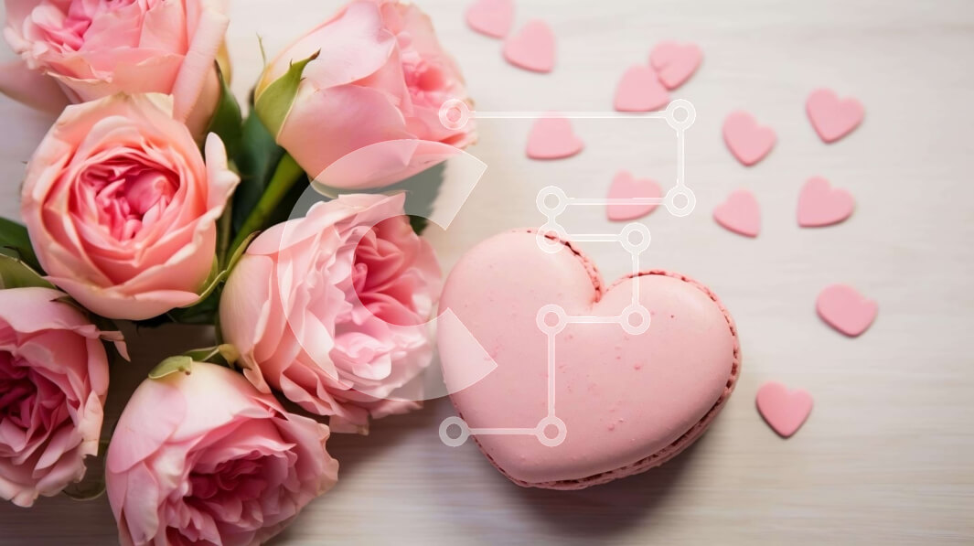 Intra Συλλεκτικό Ξύλινο Παζλ Plywood  4mm - Μακαρόν σε σχήμα καρδιάς και ροζ τριαντάφυλλα την ημέρα του Αγίου Βαλεντίνου Σε Ξύλινο Κουτί - Διαστάσεις: 10x10 cm – 25 κομμάτια