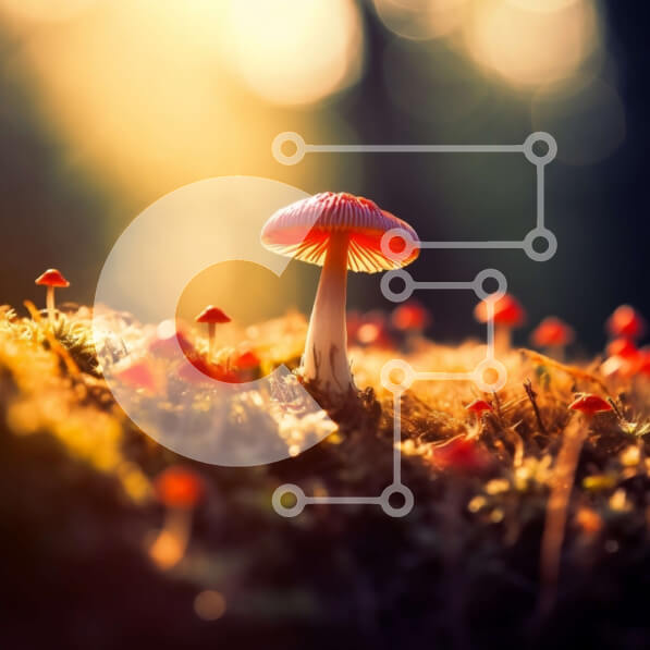 Intra Συλλεκτικό Ξύλινο Παζλ Plywood  4mm - Όμορφη εικόνα των κόκκινων μανιταριών σε ένα δάσος στο ηλιοβασίλεμα Σε Ξύλινο Κουτί - Διαστάσεις: 10x10 cm – 25 κομμάτια