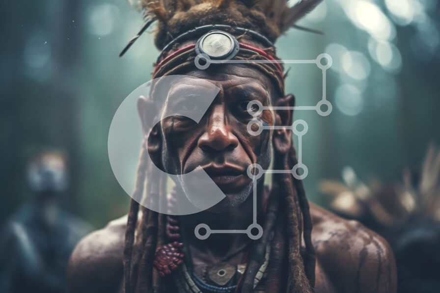 Intra Συλλεκτικό Ξύλινο Παζλ Plywood  4mm - Κοντινό πλάνο ιθαγενών Αμερικανού άνδρα με παραδοσιακή κόμμωση και βαφή προσώπου Σε Ξύλινο Κουτί - Διαστάσεις Puzzle: 10x10 cm – 25 κομμάτια