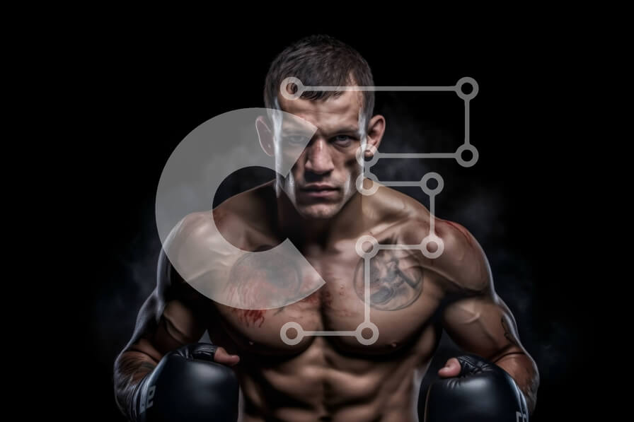 Intra Συλλεκτικό Ξύλινο Παζλ Plywood  4mm - Αποφασισμένος άντρας μπόξερ με τατουάζ και μαύρα γάντια Σε Ξύλινο Κουτί - Διαστάσεις Puzzle: 10x10 cm – 25 κομμάτια