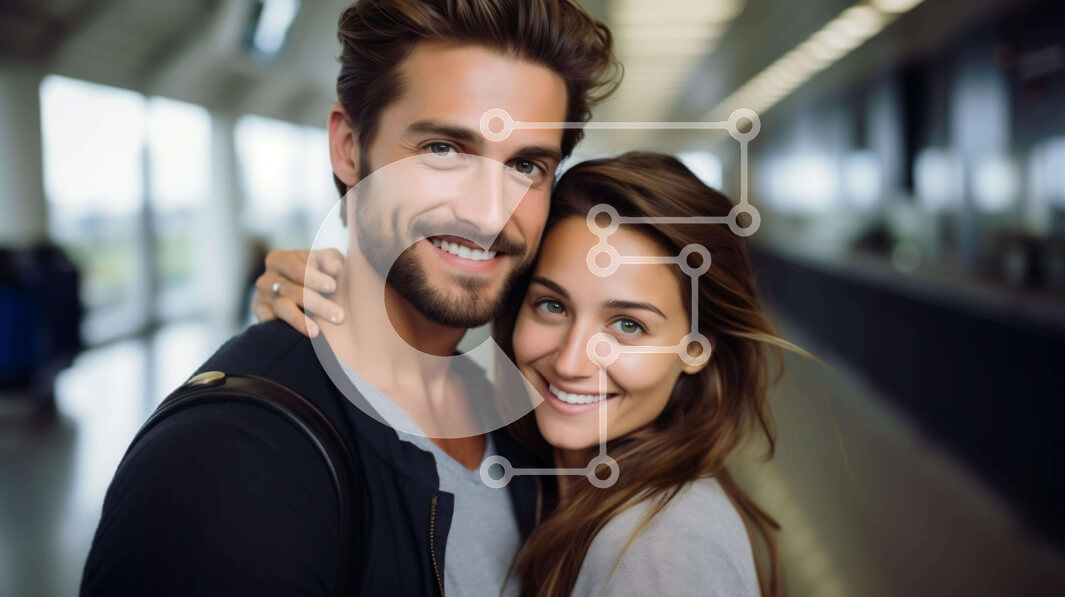 Intra Συλλεκτικό Ξύλινο Παζλ Plywood  4mm - Νεαρό ζευγάρι αγκαλιάζεται και χαμογελά σε ένα διάδρομο αεροδρομίου Σε Ξύλινο Κουτί - Διαστάσεις Puzzle: 10x10 cm – 25 κομμάτια