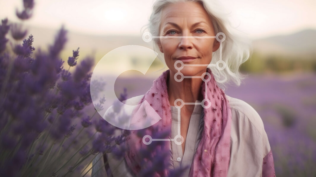 Intra Συλλεκτικό Ξύλινο Παζλ Plywood  4mm - Γαλήνια ηλικιωμένη γυναίκα στο πεδίο της λεβάντας Σε Ξύλινο Κουτί - Διαστάσεις: 10x10 cm – 25 κομμάτια