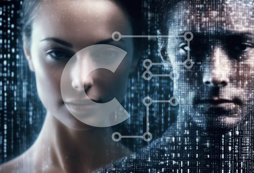 Intra Συλλεκτικό Ξύλινο Παζλ Plywood  4mm - Αφηρημένο ψηφιακό φόντο με συνδεδεμένο άνδρα και γυναίκα Σε Ξύλινο Κουτί - Διαστάσεις Puzzle: 10x10 cm – 25 κομμάτια