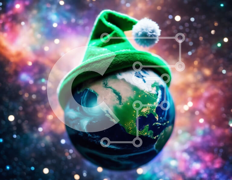 Intra Συλλεκτικό Ξύλινο Παζλ Plywood  4mm - Πράσινο καπέλο Άγιου Βασίλη στον πλανήτη Γη με αστέρια και νιφάδες χιονιού Σε Ξύλινο Κουτί - Διαστάσεις Puzzle: 10x10 cm – 25 κομμάτια