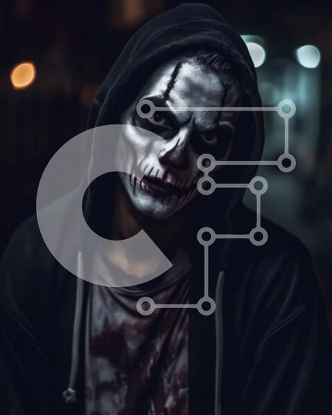 Intra Συλλεκτικό Ξύλινο Παζλ Plywood  4mm - Σκοτεινή και μυστηριώδης εικόνα ενός άνδρα με λαμπερά πράσινα μάτια και λευκή μπογιά προσώπου Σε Ξύλινο Κουτί - Διαστάσεις Puzzle: 10x10 cm – 25 κομμάτια