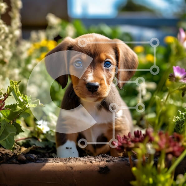 Intra Συλλεκτικό Ξύλινο Παζλ Plywood  4mm - Αξιολάτρευτη εικόνα ενός σκύλου που κάθεται σε ένα παρτέρι Σε Ξύλινο Κουτί - Διαστάσεις: 10x10 cm – 25 κομμάτια