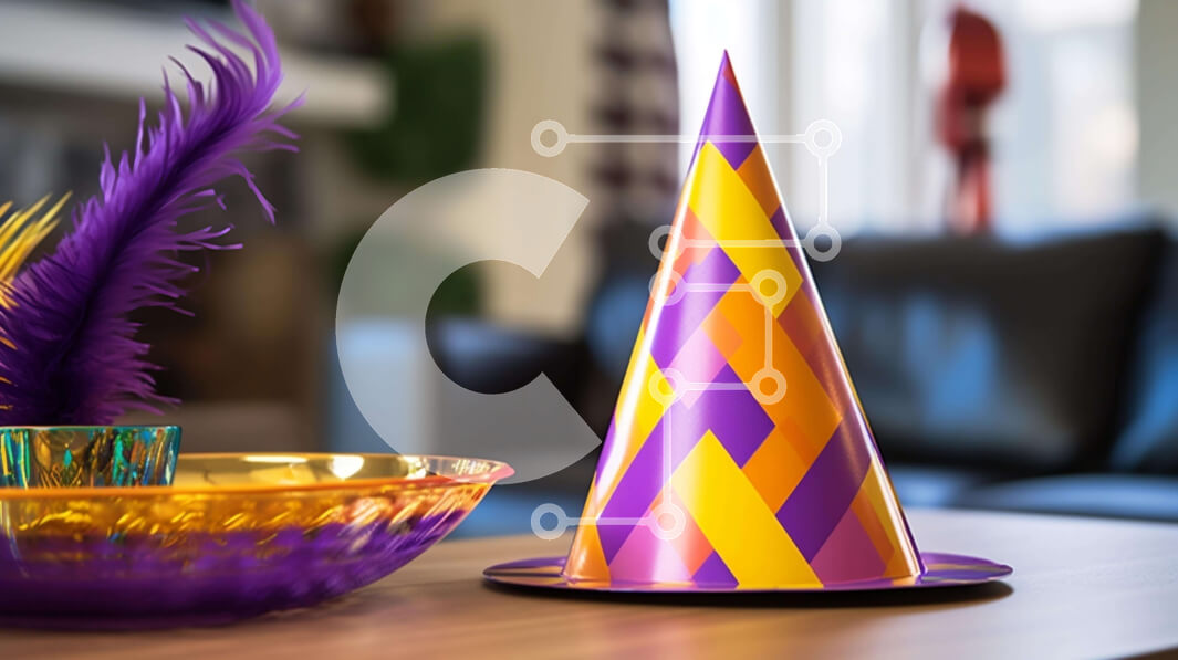 Intra Συλλεκτικό Ξύλινο Παζλ Plywood  4mm - Μωβ και κίτρινο καπέλο για πάρτι με πολύχρωμα φτερά σε τραπέζι Σε Ξύλινο Κουτί - Διαστάσεις Puzzle: 10x10 cm – 25 κομμάτια