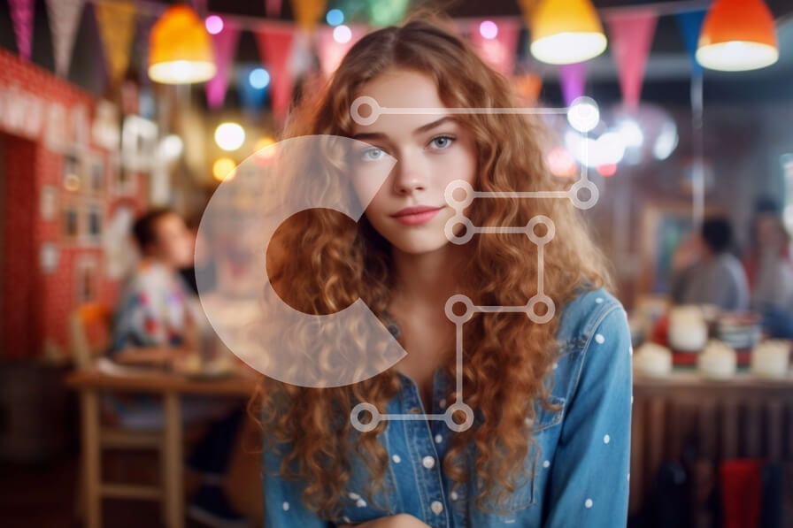 Intra Συλλεκτικό Ξύλινο Παζλ Plywood  4mm - Κομψή κοκκινομάλλα γυναίκα με τζιν πουκάμισο με φόντο πολύχρωμα φώτα Σε Ξύλινο Κουτί - Διαστάσεις Puzzle: 10x10 cm – 25 κομμάτια