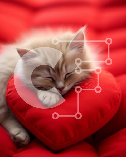 Σετ των 2 Intra Συλλεκτικό Ξύλινο Παζλ Plywood  4mm - Χαριτωμένη αφράτη γάτα που κοιμάται σε πορτοκαλί μαξιλάρι σε σχήμα καρδιάς Σε Ξύλινο Κουτί - Διαστάσεις: 10x10 cm – 25 κομμάτια