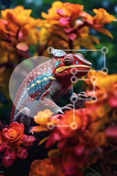 Σετ των 2 Intra Συλλεκτικό Ξύλινο Παζλ Plywood  4mm - Όμορφη εικόνα ενός πολύχρωμου χαμαιλέοντα σε ένα κλαδί με λουλούδια Σε Ξύλινο Κουτί - Διαστάσεις: 10x10 cm – 25 κομμάτια